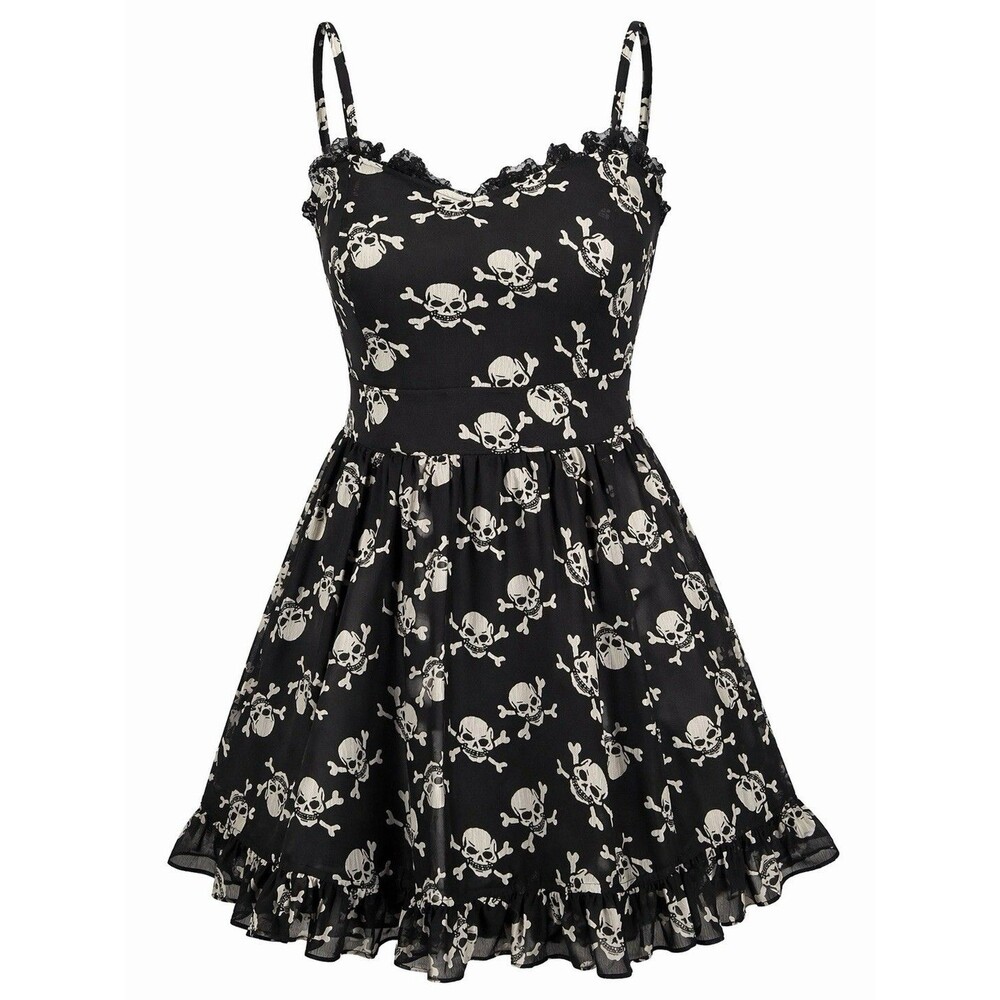 Royal Bones by Daang Skull Crossbones Goth Chiffon Mini Dress Y2K Mall Goth M